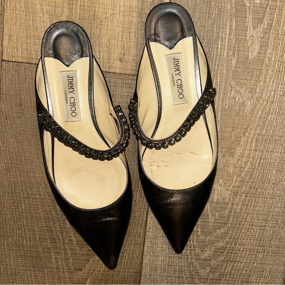 Jimmy Choo Black Heeled Mules with Embellished Strap